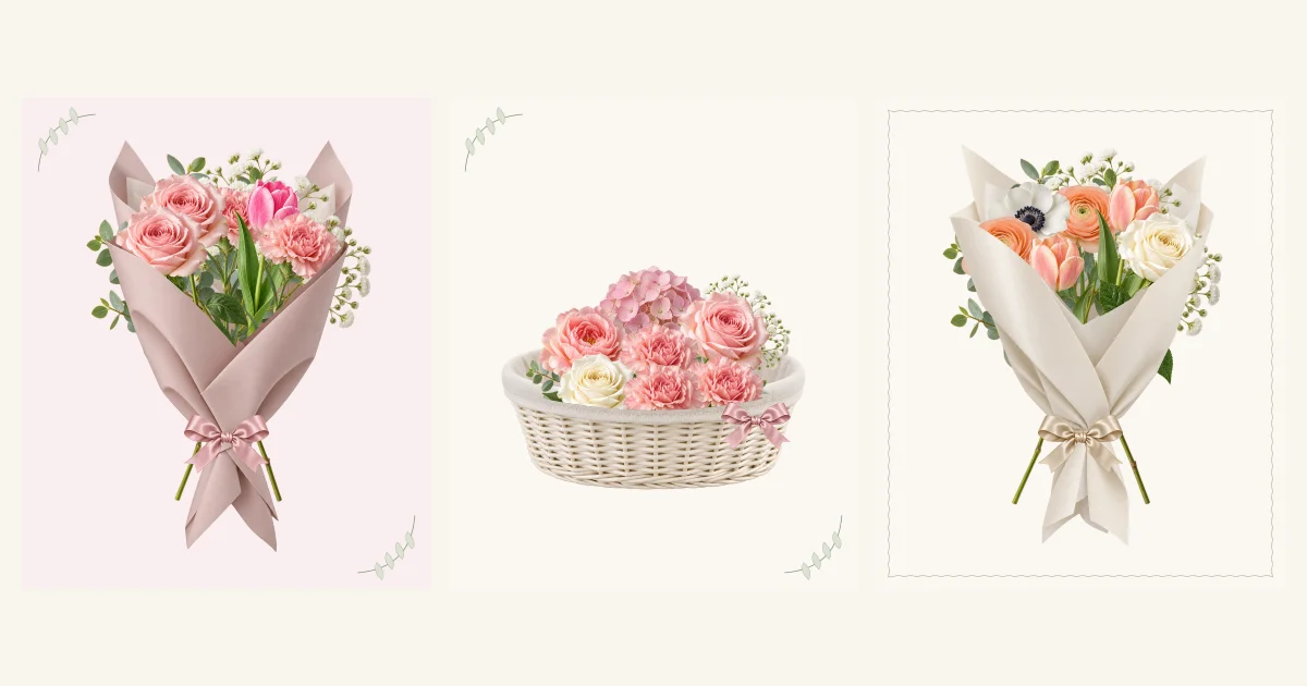 Pink carnation bouquet, pink hydrangea keepsake basket, and peach tulip and ranunculus bouquet for Mom