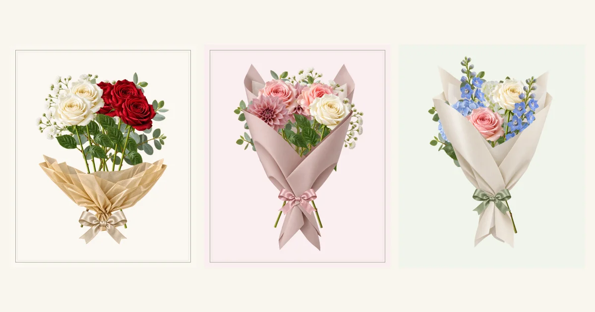 Red rose bouquet, dusty pink dahlia bouquet and blue hydrangea bouquet for three different romantic styles