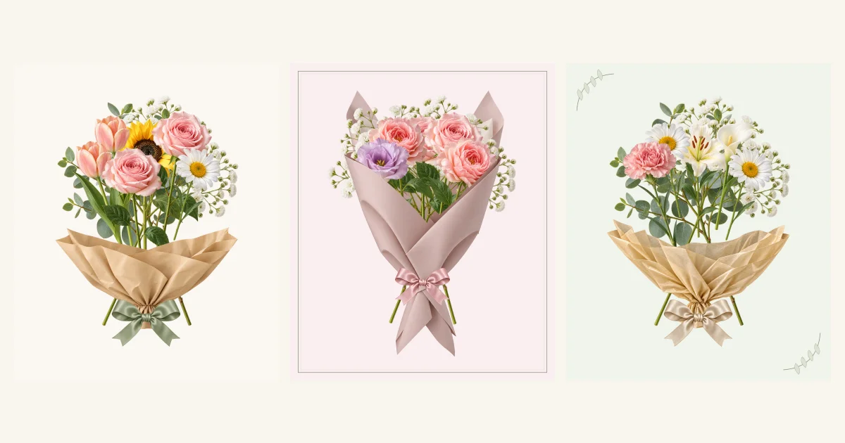 A sunny birthday bouquet, a pink romantic bouquet and an ivory thank-you bouquet to pair with personal flower card messages