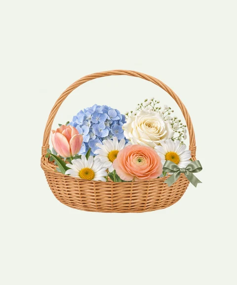 White daisies, blue hydrangeas and peach tulips with gentle wishes.