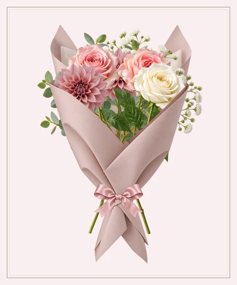 Dusty rose dahlias and garden roses in layered blush and vellum.