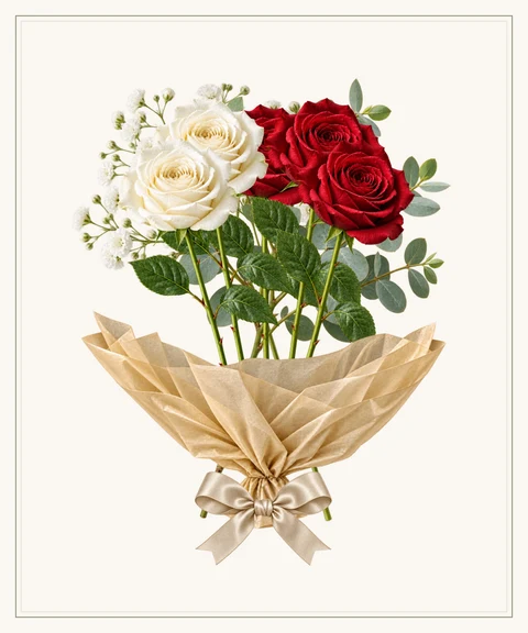 Velvet red roses, ivory petals and a champagne bow.