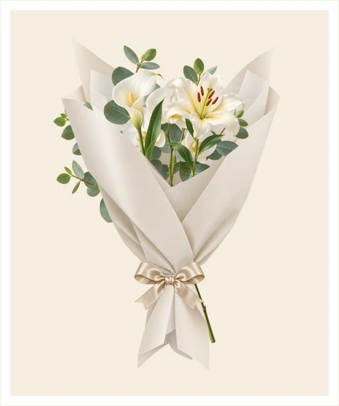 A small sculptural arrangement in ivory and green.