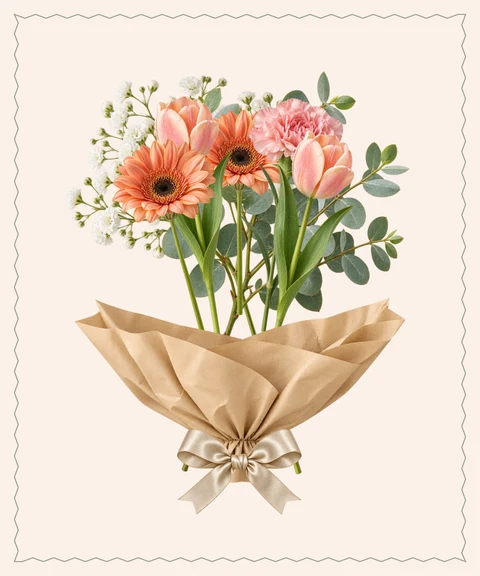 A cheerful gathering of tulips, gerberas and carnations.