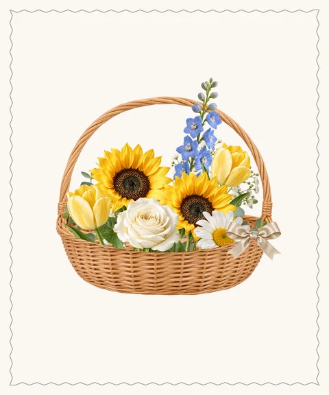Sunflowers, blue delphinium and yellow tulips for a proud moment.