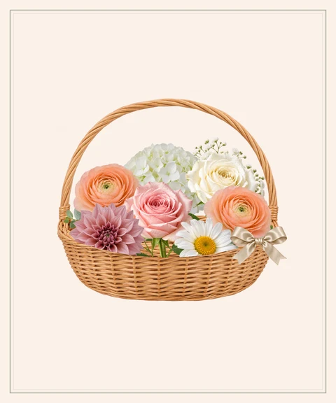 Peach ranunculus, roses and white hydrangeas gathered in wicker.