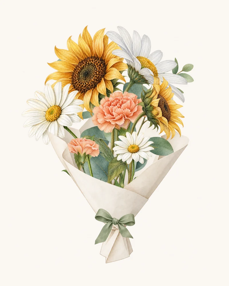 Birthday Meadow: daisies, sunflowers and apricot carnations in cream paper with a sage ribbon